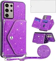 [Asuwish] Mobile Phone Case for Samsung Galaxy S24 Ultra 5G Case with Strap and Screen Protector Card Slot Foldable Glitter Leather Wallet Stand S24Ultra 24S S 24 24Ultra Protective Phone Case Dark