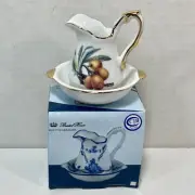 Bristol House Mini Pitcher Bowl White Porcelain Gold Trim Fruit Motif 3" New