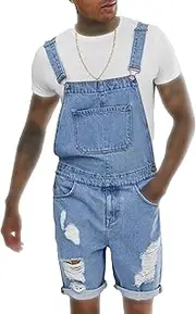 [Maiyifu-GJ] Men's Above Knee Length Distressed Overalls Shorts Casual Loose Fit Ripped Jumpsuit Denim Bib Overall Shorts