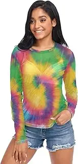 [RPLIFE] Tie Dye Vibrant Mesh Tops, Womens Sheer Tops S-XXL