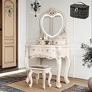 Vanity Desk with Mirror & Lights,Mid-Century Modern Dressing Table Heart-Shaped Mirror,4 Drawers,1 Stool,1 Makeup Bag,Easy to Install