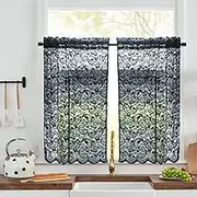 Aligogo Black Lace Kitchen Curtains 36 inch Length Elegant Gothic Cafe Curtains Dark Sheer Short Tier Curtains for Kitchen Bedroom Bathroom Small Window Halloween/Farmhouse/Boho Room Decor 2 Panels