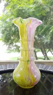 Vintage 1930s Pink Yellow Spatter Bohemian Czech Art Glass Vase Ruffle Edge