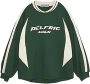 [Aelfric Eden] Women's Oversized Sweatshirt Without Hood Men's Vintage Raglan Patchwork Stripes Long Sleeve Shirt with Logo Print