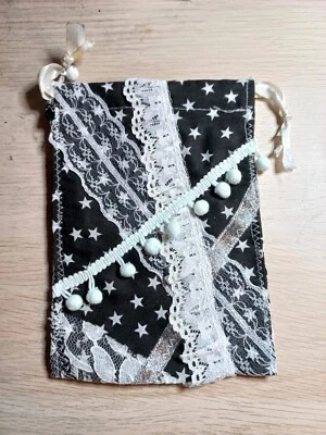 Handmade lace and fabric Dice bag gift gaming unique black and white