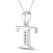 14k White Gold Round Diamond T Initial Letter Pendant 1/20 Cttw