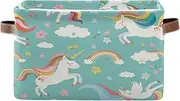 Cute Cartoon Unicorns Green Shelf Organizer, Collapsible Rectangle Storage Basket Cloth