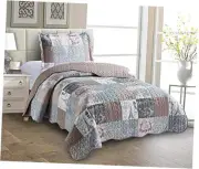 Paris and Toile Floral Patchwork, 2-Piece Quilt Set, Twin Size Quilt Set Latte