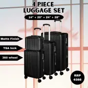 Luggage Suitcase Set Trolley 4pc 14"+20"+24"+28" Black 360 Wheels TSA Lock 5mm