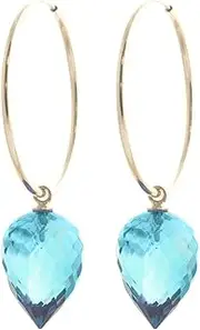 [Galaxy Gold GG] 14K Solid Gold Hoop Earrings with Pointy Briolette Drop Blue Topaz