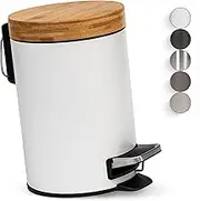 Kazai.®️ Small Bathroom Trash Can | 3L / 0.8 Gall. | with Superior Bamboo Lid | Soft Closing | Anti-Finger | Stainless Steel | White