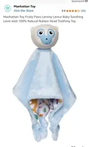Manhattan Baby/ Toddler Teether & Cuddle Lemmy Lemur Blanking, Blue. New