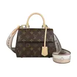 【LOUIS VUITTON 路易威登】LV M46055 CLUNY MINI經典LOGO雙色寬背帶帆布翻蓋釦式手提斜背包(迷你/咖啡)