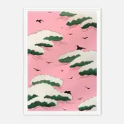 Galrie Exquisite Traditional Japanese Cloud and Birds Art Print for Serene Home Decor, White Frame, 50 x 70cm (20 x 28inch)