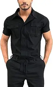 [CYGE] Men's Short-Sleeve Coverall Jumpsuit Men's One-Piece Suit Belted Uniform Tooling Overalls with Buttons Multiple Pockets Rompers