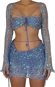 [Generic] Womens 3 Piece Crochet Skirt Sets Strappy Long Sleeve Cover Up Sequins Hollow Out Crop Tube Top Mini Skirt Outfits