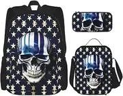 Blue Stripe Stars Skull Backpack With Lunch Box And Pencil Case 3 In,Kawaii Backpacks With Lunch Bag Matching Combo