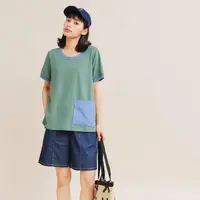 在飛比找momo購物網優惠-【Dailo】剪接配色長版棉質-女短袖上衣 長版 綠 米(二