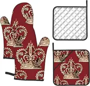 4 pcs Oven Mitts and Pot Holders Set 500°F Heat Resistant Oven Gloves and Hot Pads Kitchen Mittens Red Crown Cooking Gloves Potholders for Baking Grilling