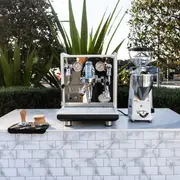 CUSTOM GLOSS WHITE ECM SYNCHRONIKA WITH MAZZER MINI IN WHIITE & WOODEN ECM HANDLES + PRECISION ACCESSORIES