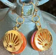 Gold Tone Cutout Seashell Overlaid on Orange Shell Earrings. Beach. Ocean.