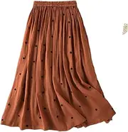 [Bciopll] Women Polka Dot Cotton Linen Skirt Drawstring Elastic Waist Casual Vintage Big Swing Pleated Skirts