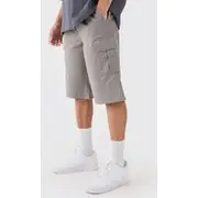 Mens Elasticated Waist Grey Relaxed Fit Longer Length Cargo Shorts