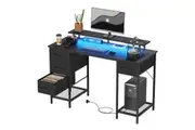 Advwin Computer Desk with LED Lights & Power Outlets 120cm with Monitor Stand and 4 Drawers Removable Black