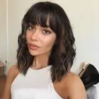 Short Black Brown Highlight Wigs With Bangs Natural Wavy Hair Wigs