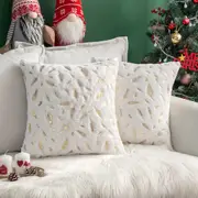 2x Square Throw Pillows Decorative Faux Fur Gold Feathers Gilding Leaves Cushion Cases Soft Fluffy(Inserts + Pillow Covers,White)