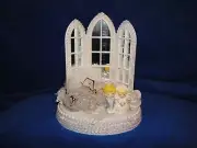 New Lighted Chapel Mirrored Windows Wedding Cake topper Bride & Groom & car