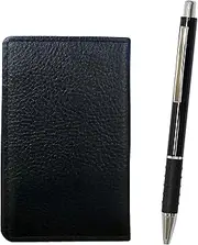 [タキザワ] MEIB-WZ2067BP-B Grain Cowhide Black Business Card Holder Metal & Pitch Grip Ballpoint Pen Set, Black