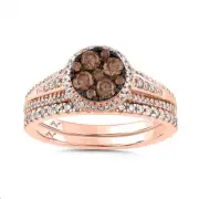 Bridal Ring Engagement Set 0.75ct Brown Natural Diamond 14k Rose Gold Cluster
