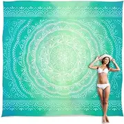 Sunlit 10'x9' Extra Large Boho Sand Proof Beach Blanket, Sand Proof Mat with Corner Pockets and Mesh Bag for Beach Party, Travel, Camping and Outdoor Music Festival, Bright Turquoise Mandala