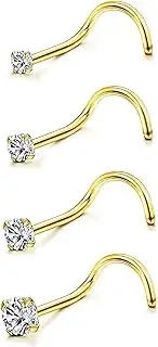 [FASHGOOD] 4Pcs 14K Gold Plated Nose Stud 20G Surgical Steel Nose Ring Stud 1.5-3mm Round CZ Straight Bend Screw L Shaped Nose Studs Gold Nose Piercing Jewellery Hypoallergenic