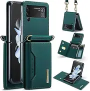 [XIMAND] for Samsung Galaxy Z Flip 4 Case with Crossbody Wallet, 8 Cards Slot and Premium Leather Kickstand Vintage Card Holder.(Green)