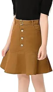 [GERU] Little Kids Girls' Cute Button Down Elastic High Waist Ruffle Mini Demin Skirt with Belt