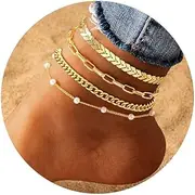 [BelleVive] 4 Pieces Anklet for Women 14K Gold Plated Waterproof Cuban Pearl Snake Chain Anklet Gold Anklet Beach Gift Adjustable, L