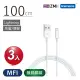 【Zmi 紫米】MFI認證 USB-A to Lightning 充電傳輸線 1M 三入組 AL813C(iPhone/iPad適用)