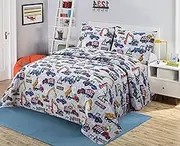Kids Zone Collection Bedspread Set Construction Vehicles Kids Bedding Set Blue and White Pattern with Trucks and Excavators New Twin # Const-2