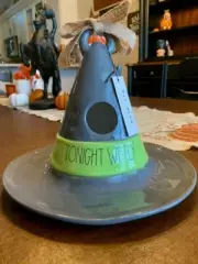 RAE DUNN "TONIGHT WE FLY" CERAMIC WITCH HAT BIRDHOUSE. NEW IN BOX, NEVER OPENED.