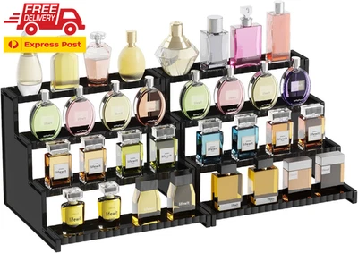4 Tier Black Display Risers Stand with Decorative Fences, Plastic 12 Inch Perfum