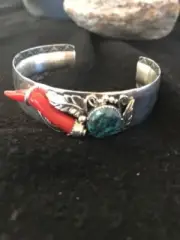 Spiderweb Turquoise & Coral Navajo Sterling Silver Cuff Bracelet 8366