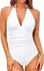 [Holipick] Halter Swimsuits for Women Tummy Control Sexy V Neck Backless Bathing Suits Ruched One Piece Swimwears
