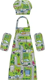 AIXIWAWA Kids Apron Chef Hat Set, Child Kitchen Bib Aprons Adjustable for Cooking Baking Painting (Cute City Road)