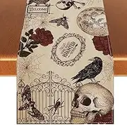 Rvsticty Linen Retro Halloween Table Runner - Gothic Skull Tablecloth for Day of The Dead - Roses Skull Decor - Decorations and Supplies for Home Kitchen Table - 1336''