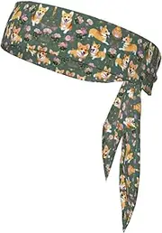 [HVTTIOR] Corgi Floral Flowers Print Multifunctional Sweat Wicking Sports Head Tie Headband for Tennis Basketball Karate