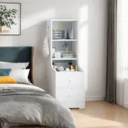 Bedside Table Bedroom Warm White Multi-Functional Slim Tall Cabinet with Drawers