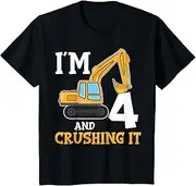 [X.Style] Kids Four 4yr 4th Birthday Digger Boy Construction 4 Years Old ds1166 Youth T-Shirt (S) Black