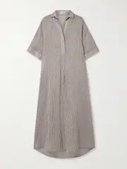 [Brunello Cucinelli] Brunello Cucinelli - Oversized Bead-embellished Striped Linen And Silk-blend Organza Maxi Shirt Dress - Brown - small small Brown